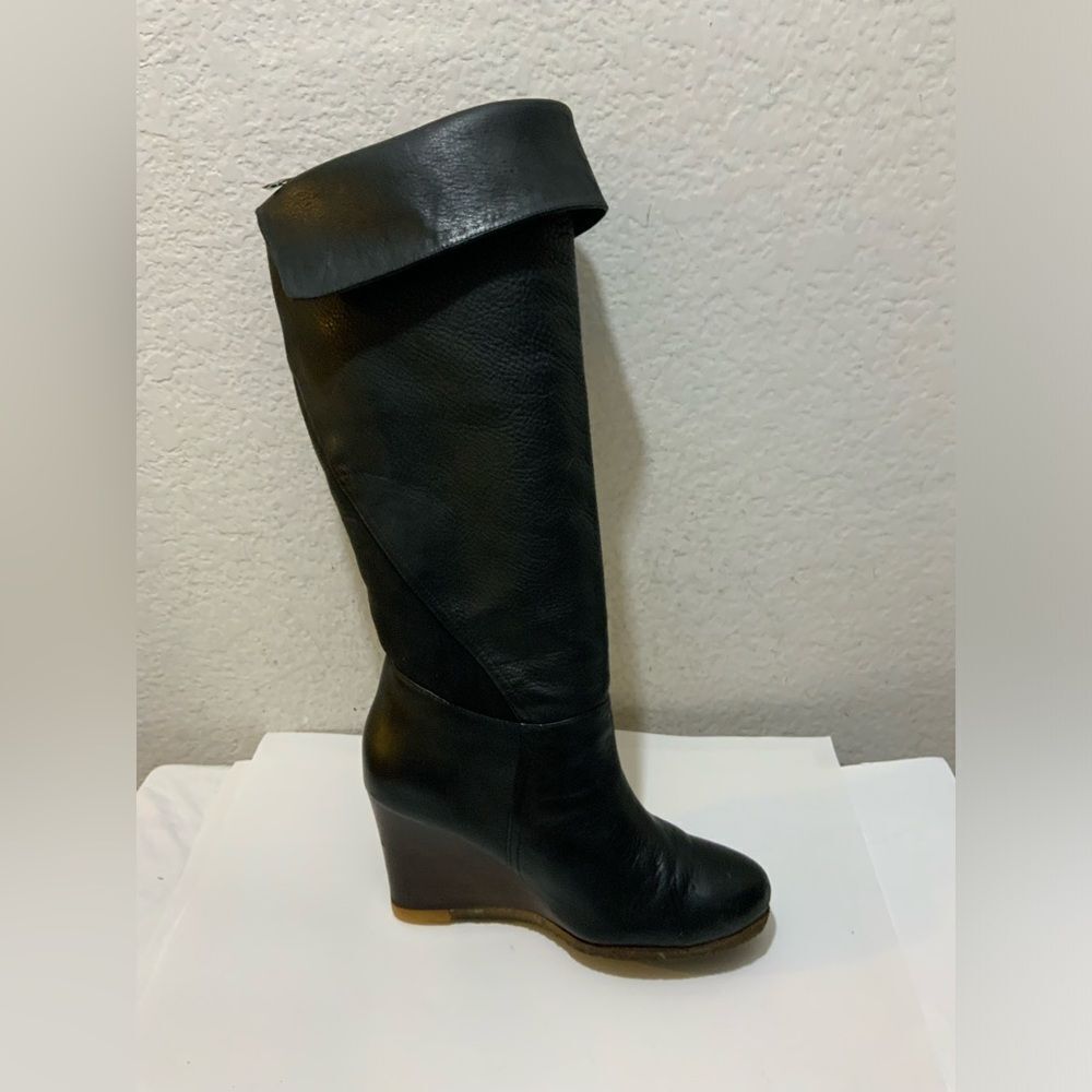 UGG Ravenna Women's Black Leather Sheepskin Tall Wedge Boots 3200 - Size 8.5 M